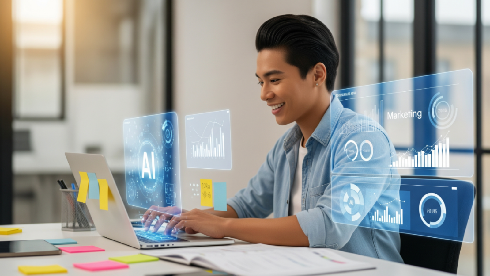 Digital marketer using an AI-powered interface to monitor keyword performance and identify internal SEO conflicts.