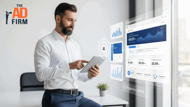 Businessman using AI-powered SEO analytics on a tablet with holographic data charts.