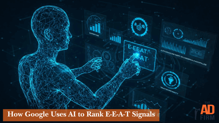 A digital human figure interacts with a high-tech AI interface displaying graphs and E-E-A-T elements, representing how Google uses artificial intelligence to evaluate content quality signals.