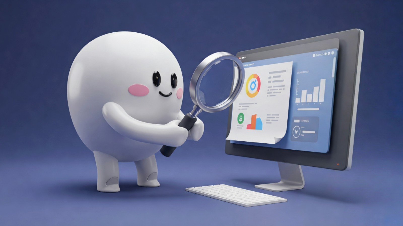 A cute 3D cartoon character holding a magnifying glass examines data visualizations on a desktop screen, symbolizing how AI decodes search intent through vector search.