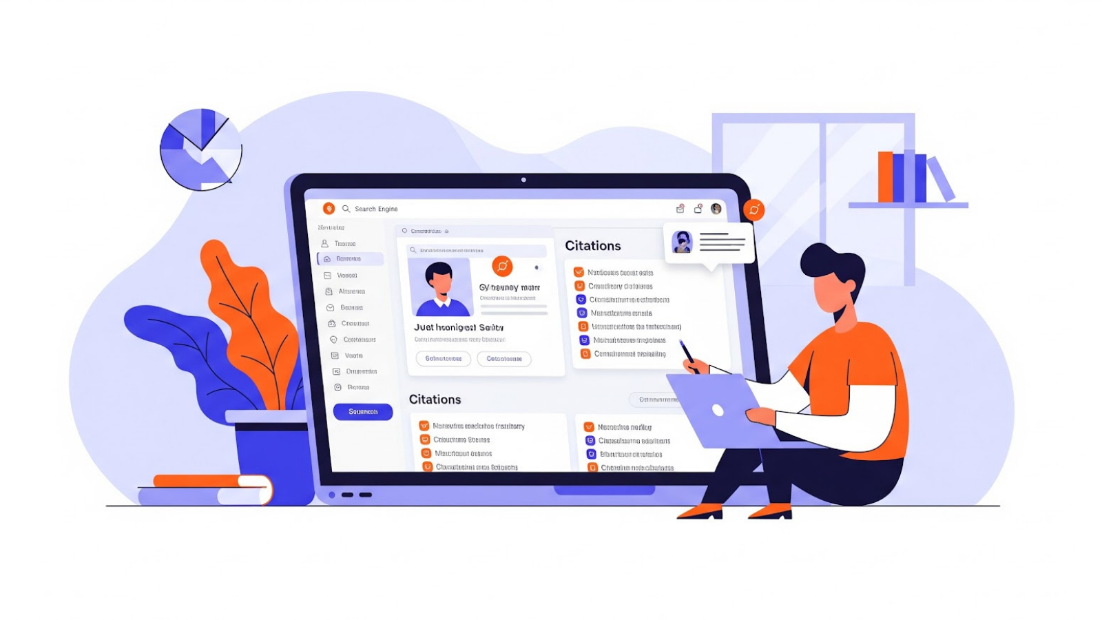 Illustration of a person managing local SEO citations on a laptop, displaying various citation sources and directories.