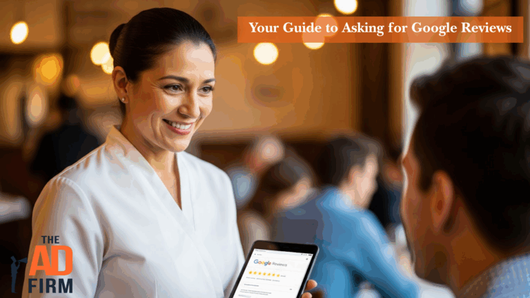 Smiling restaurant staff politely asking a customer for a Google review using a tablet, demonstrating a natural, friendly approach.