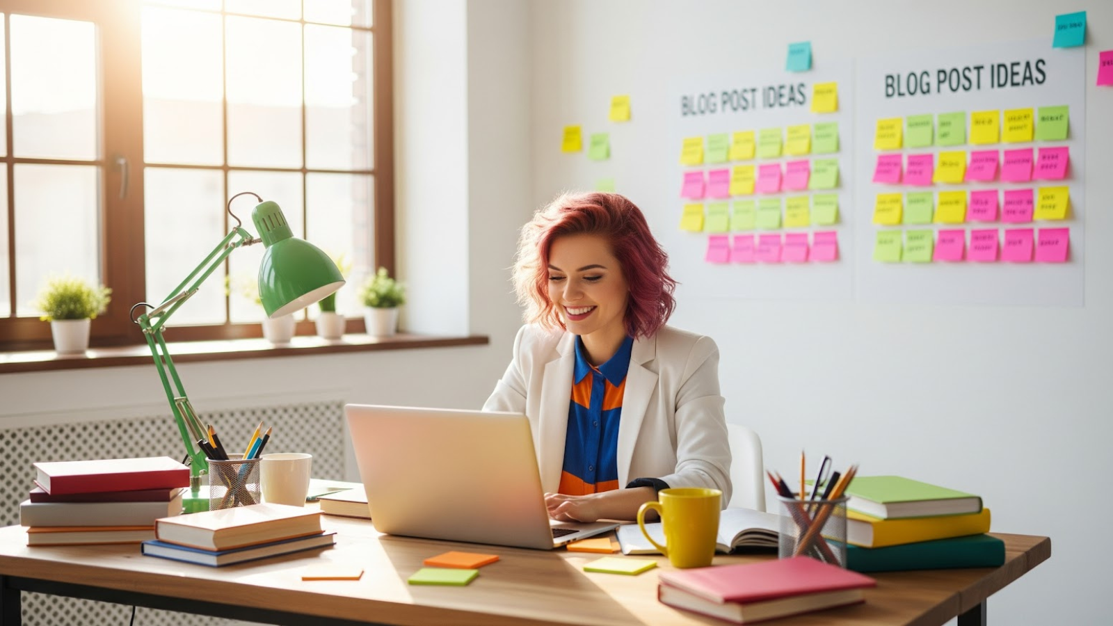 Woman with short red hair smiling while working on a laptop at a desk filled with books and sticky notes, symbolizing content planning.