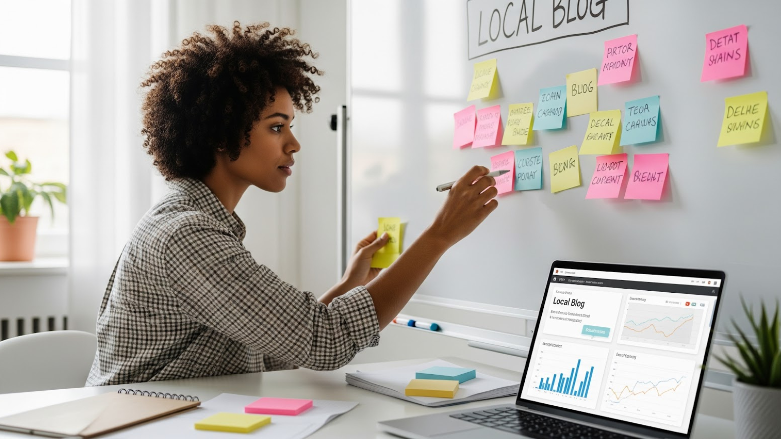 Woman writing blog ideas on a whiteboard labeled "Local Blog" with colorful sticky notes, while a laptop shows analytics charts, illustrating planning for geo-targeted blog posts.