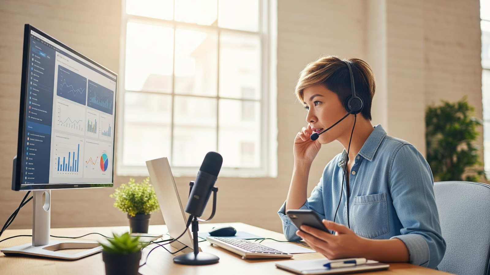 Marketing analyst reviewing data dashboards and voice metrics while on a headset, symbolizing real-time voice SEO monitoring.