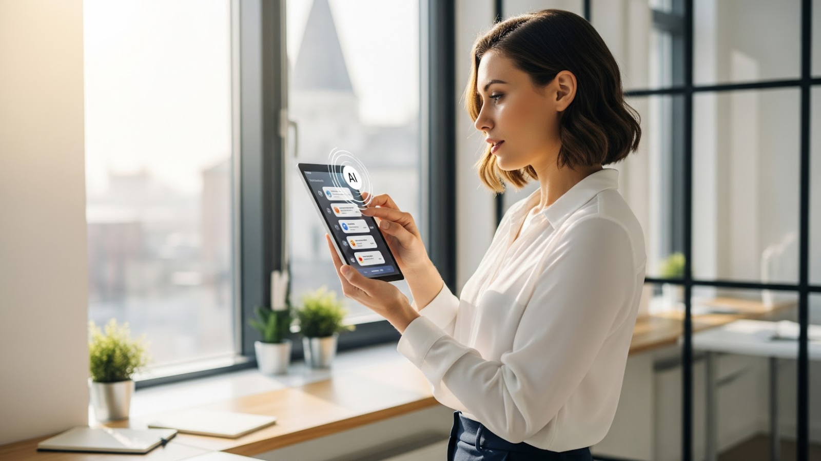 Businesswoman interacting with an AI dashboard on a tablet in a modern office.