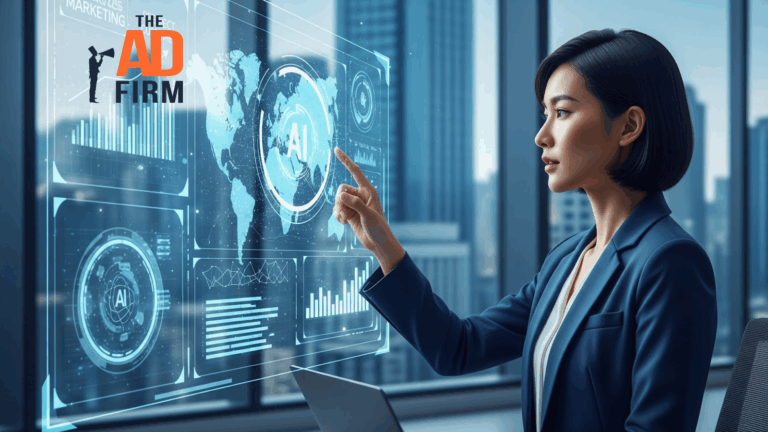 A professional woman in a modern office interacts with a transparent screen showing AI-related data and maps.