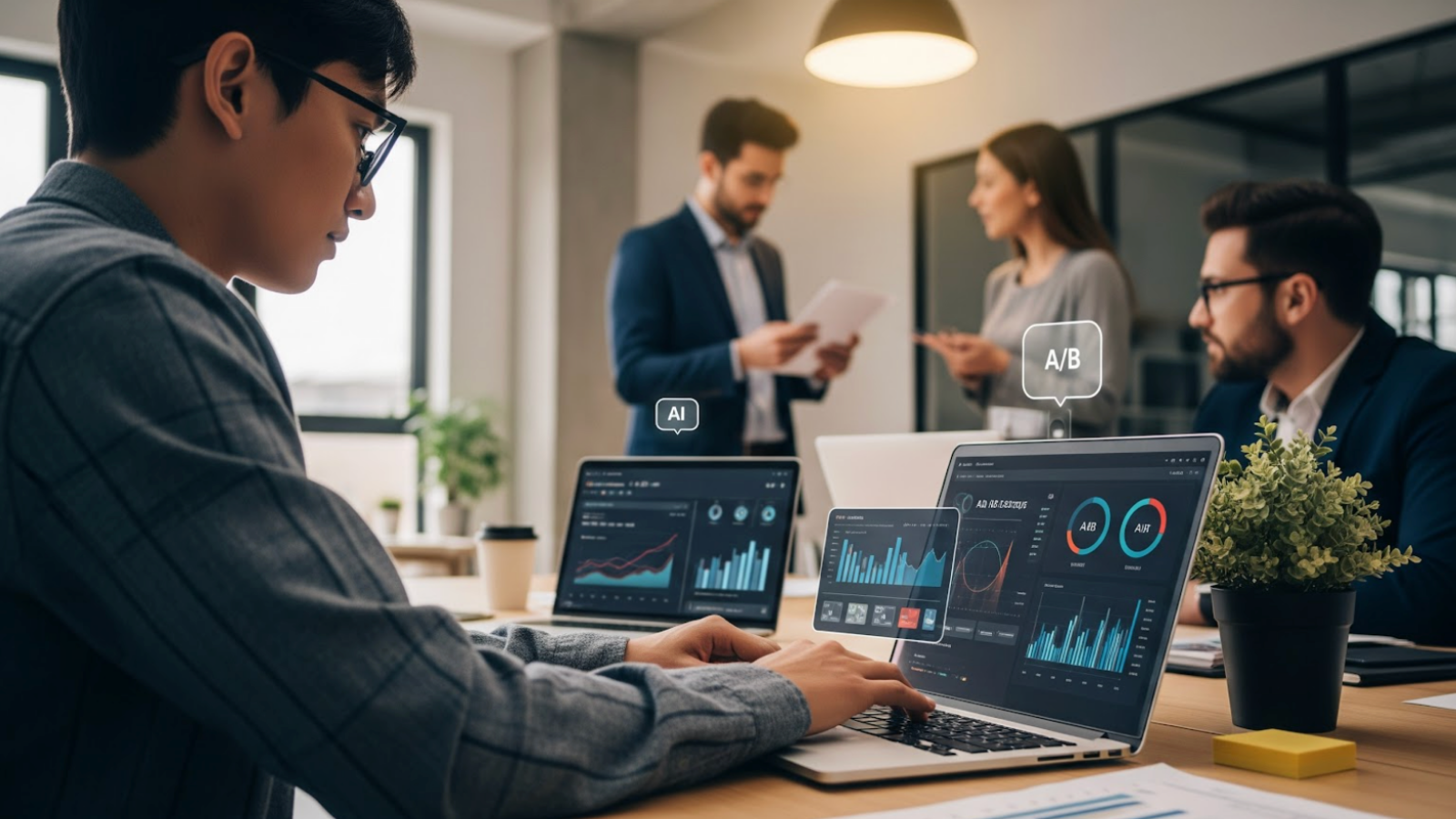 Marketing team in a modern office reviewing AI-driven A/B test results on laptops with performance graphs and optimization data.
