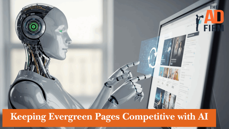 A humanoid robot interacts with a website interface displaying a refresh icon, symbolizing AI-powered automation for updating evergreen pages.