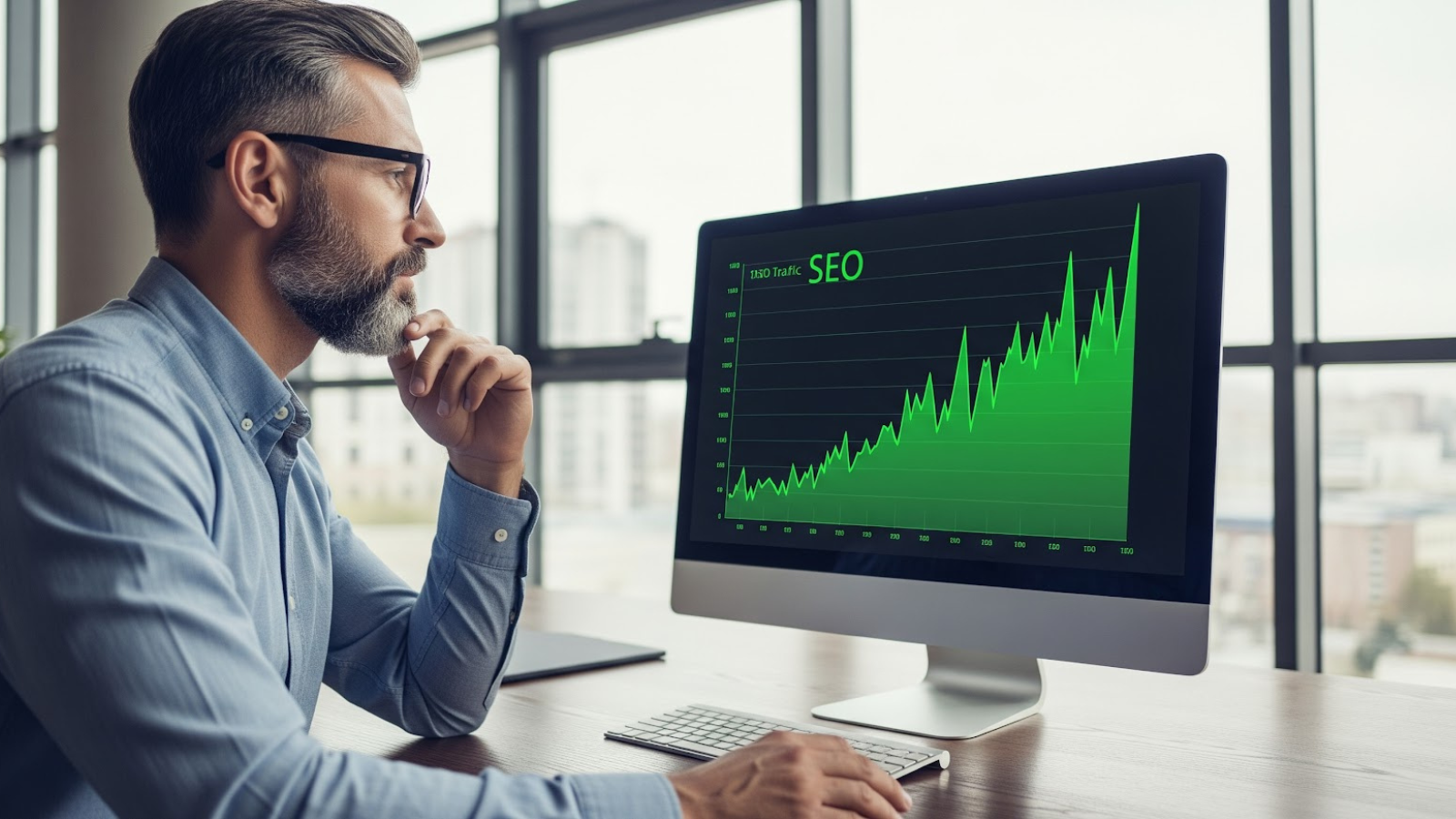 Businessman in a suit pointing to a rising SEO performance chart on a digital screen during a strategy presentation.