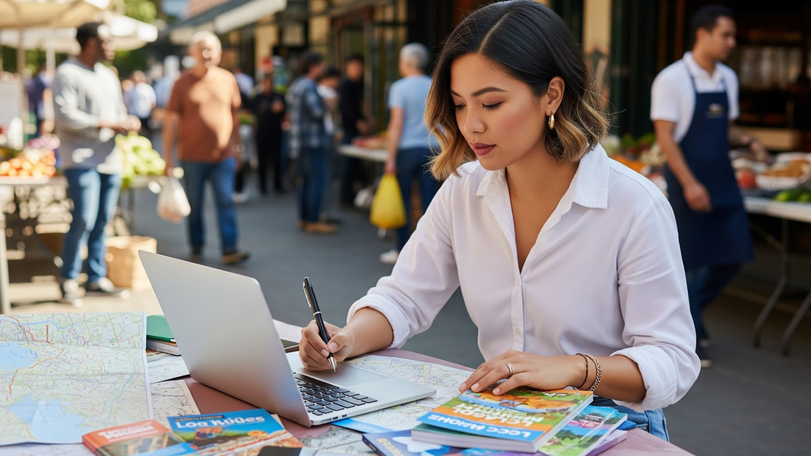 Woman planning a local content strategy in an outdoor market setting, using maps and a laptop to guide her link-building research.