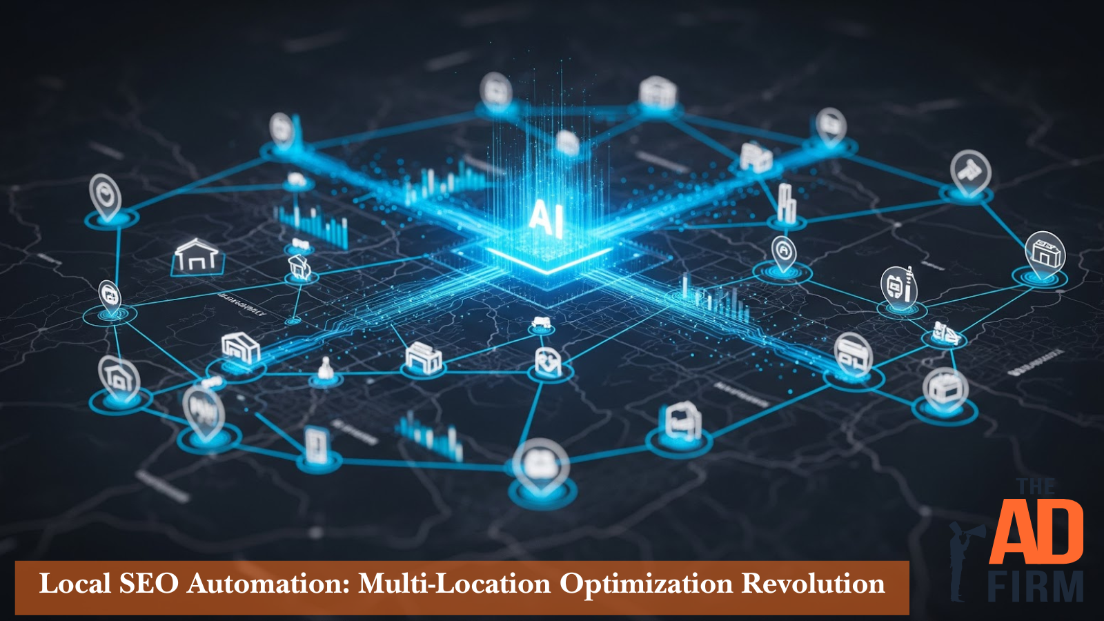 An abstract blue network with an AI core connecting multiple business locations and optimizing their digital presence.