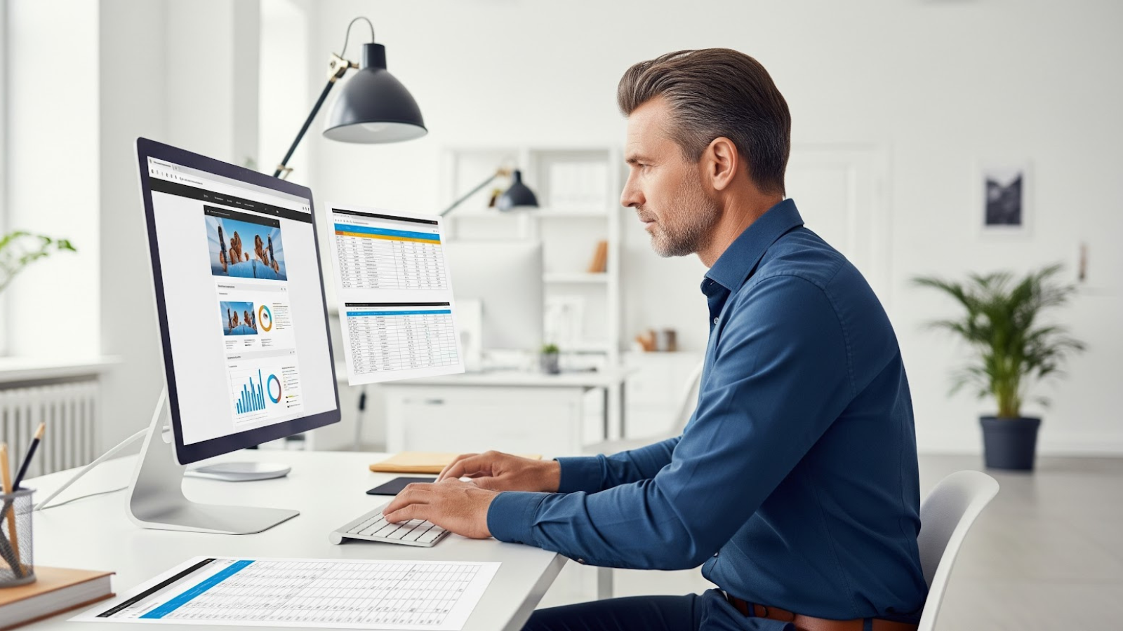 A man at a desk intently reviewing website analytics and data on two computer monitors, illustrating the process of optimizing for user behavior.