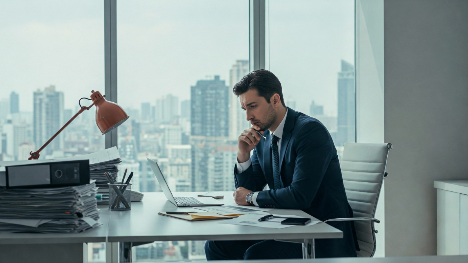 A thoughtful businessman in a suit works on a laptop in a high-rise office, representing professionals actively improving their site’s experience, expertise, authoritativeness, and trustworthiness.