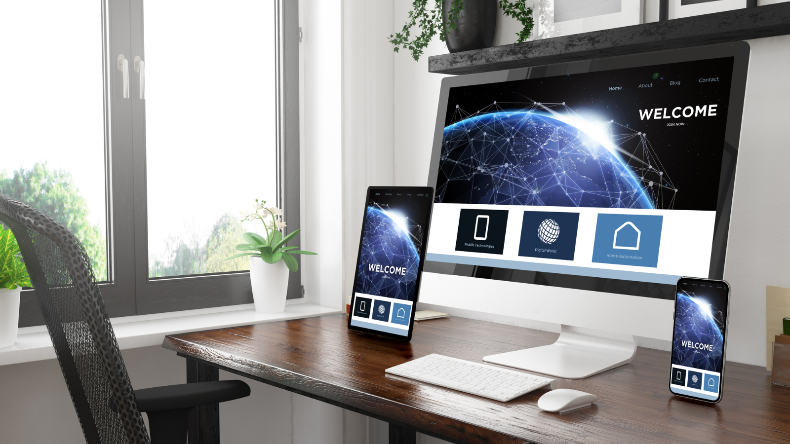 Responsive website displayed on desktop, tablet, and phone screens