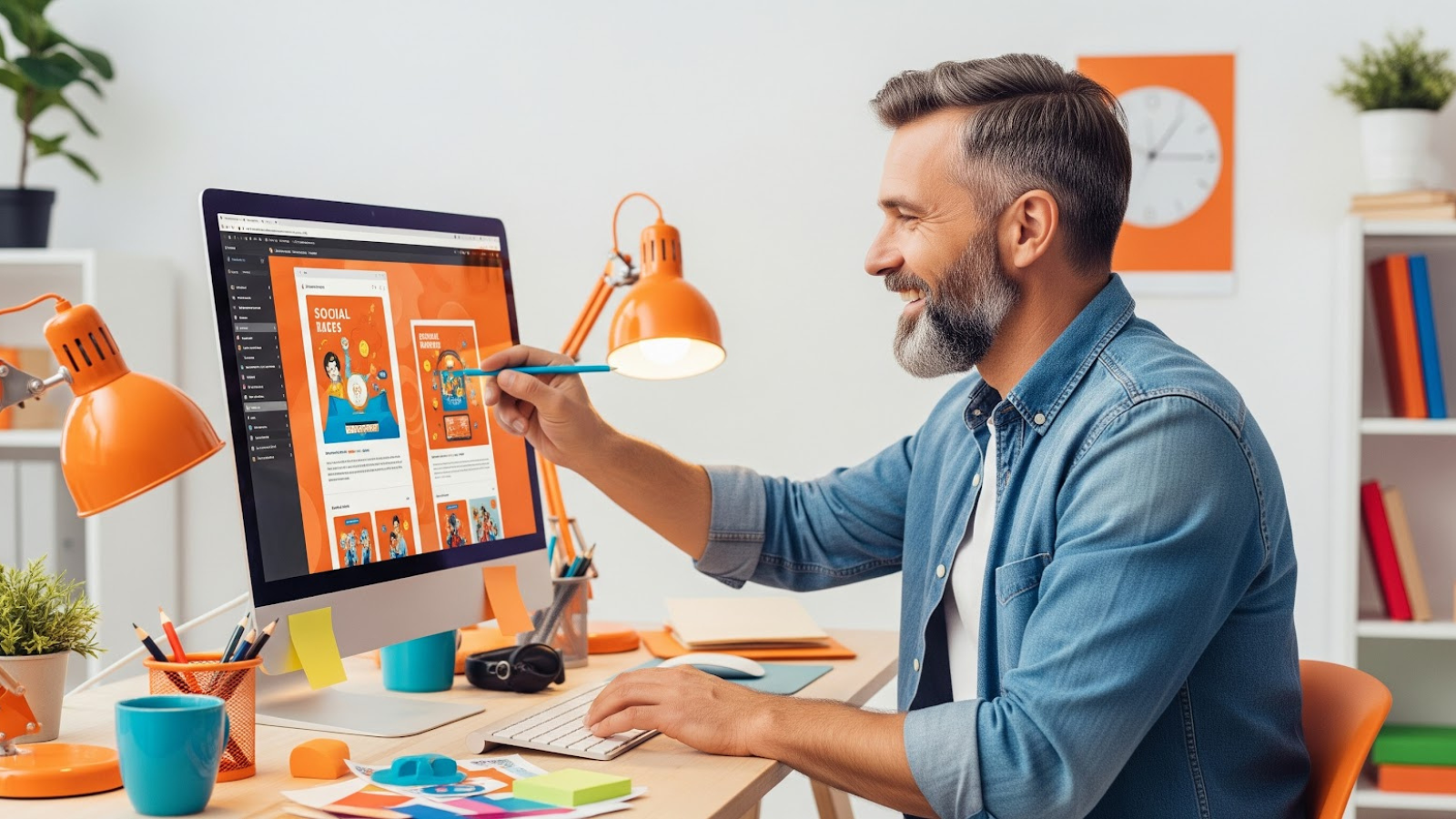A cheerful designer in a bright workspace creating fresh social media ad designs on his computer to fight ad fatigue.