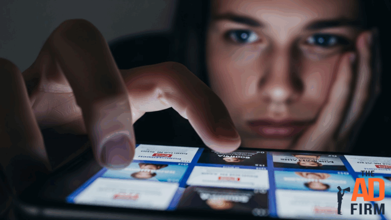 A woman looking tired while scrolling through repetitive social media ads on her phone, showing signs of ad fatigue.