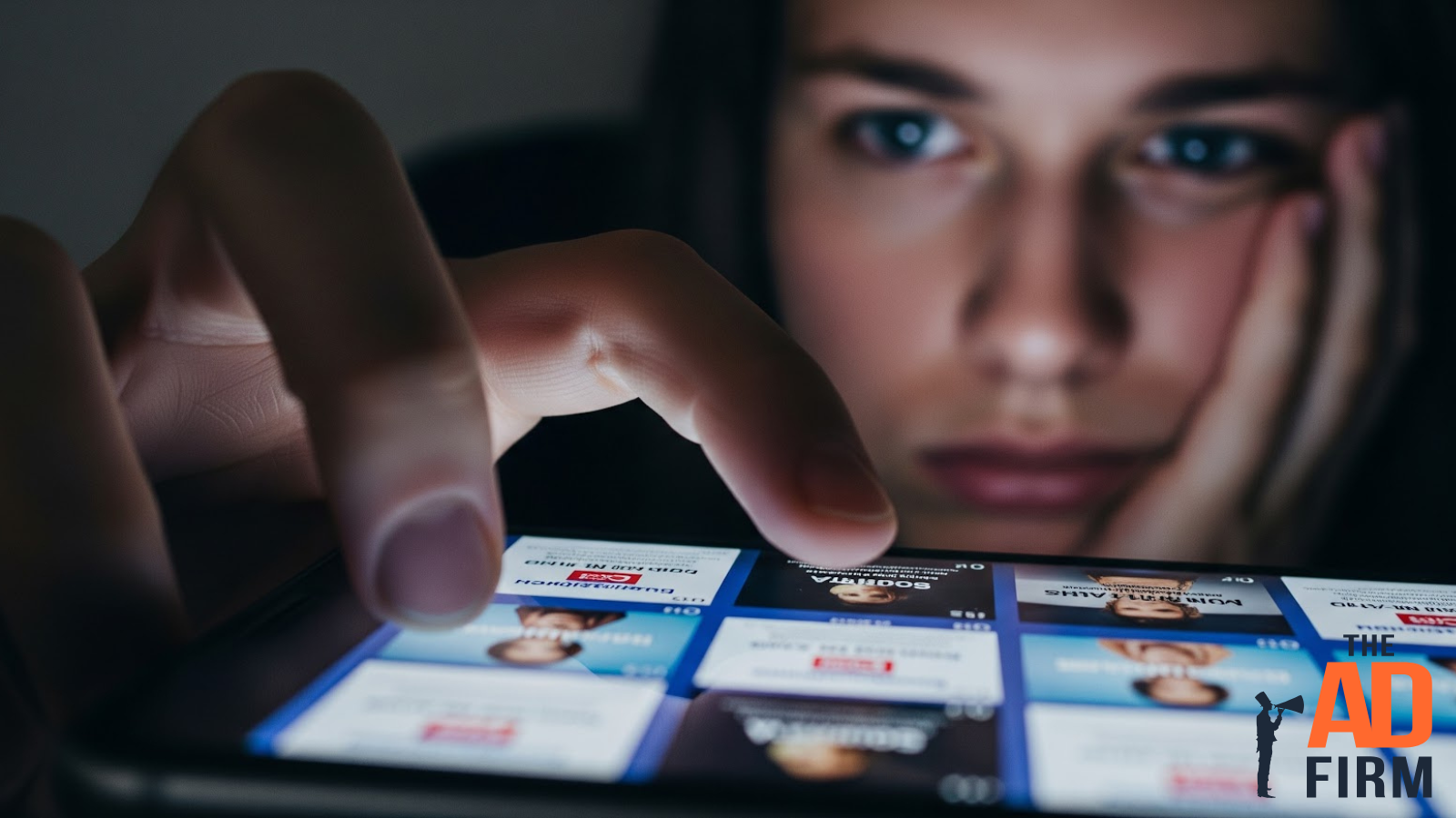 A woman looking tired while scrolling through repetitive social media ads on her phone, showing signs of ad fatigue.