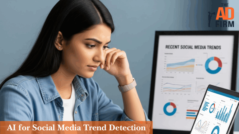 Woman analyzing charts on her computer and a nearby display labeled “Recent Social Media Trends,” showing graphs and pie charts, representing AI-powered trend detection.