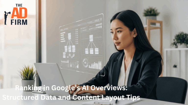 Businesswoman working on a laptop with digital content diagrams projected in front of her, representing structured data and layout strategies for Google's AI Overviews.