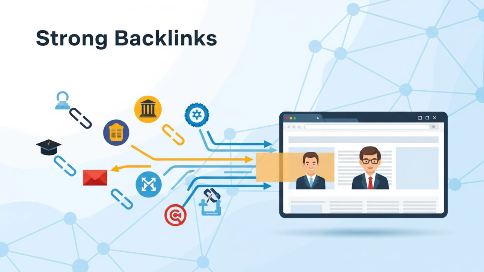 Visual showing various authoritative sources linking to a business site, symbolizing the SEO power of local backlinks.