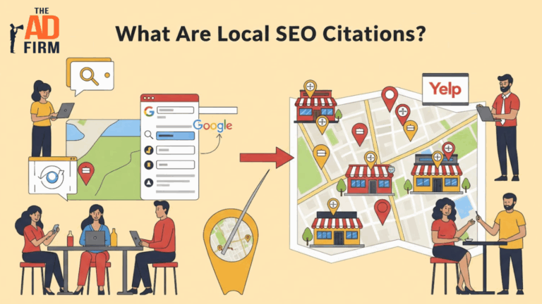 Diagram showing a local search map with business listings, customer reviews, and citation markers across platforms.