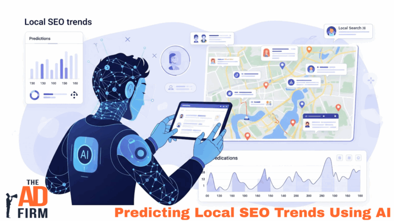 Futuristic AI figure using a tablet to analyze local SEO trends on a digital map, surrounded by predictions, location pins, and user profiles.