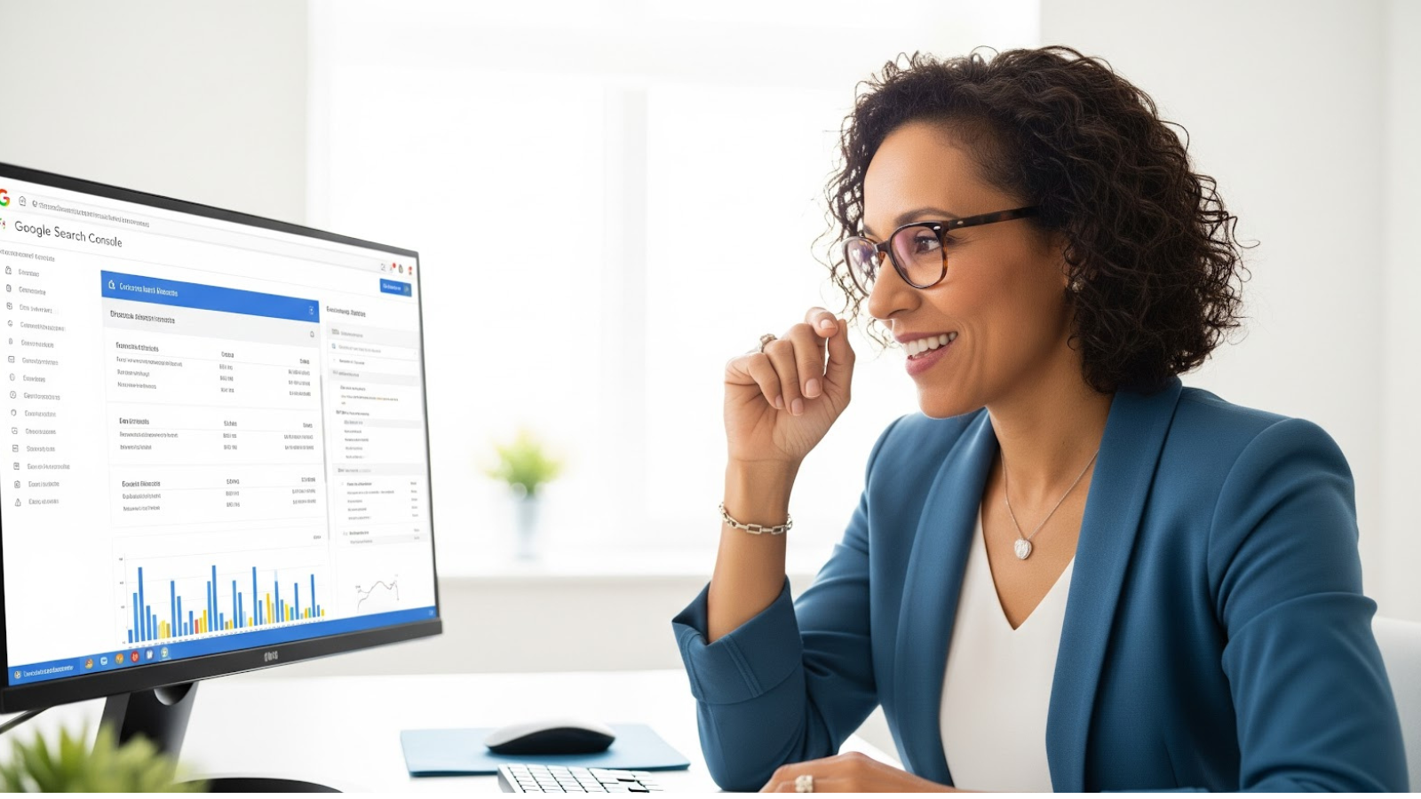 Business professional analyzing city-level insights in Google Search Console to enhance local SEO strategy. 