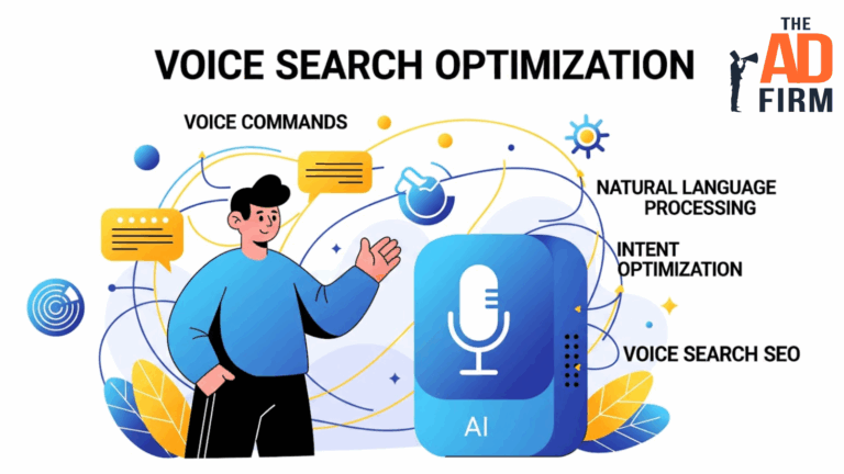Colorful graphic showing elements of voice search optimization such as AI, intent recognition, NLP, and voice commands.