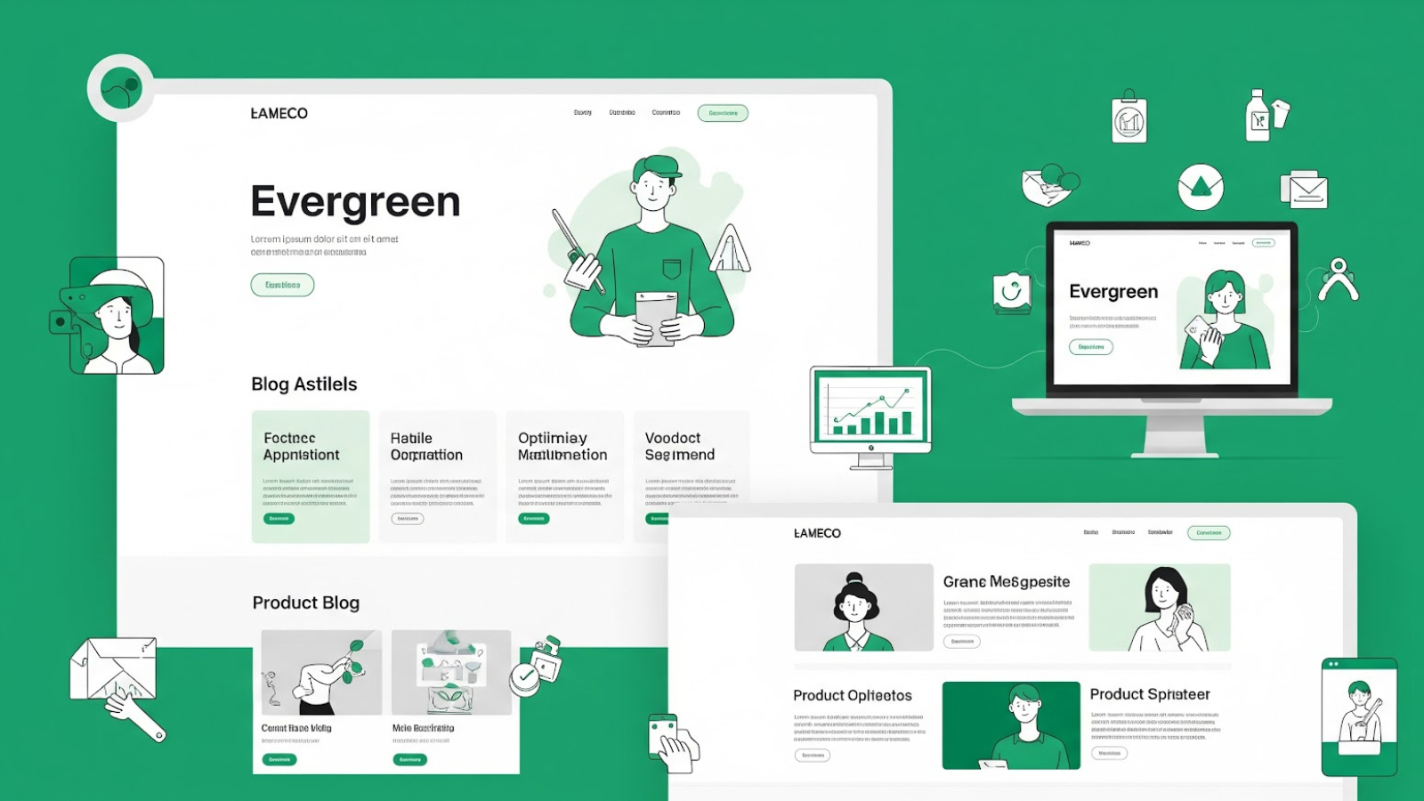 Illustrated layout of a digital platform labeled "Evergreen," showcasing the elements of long-lasting content through blog and product modules.