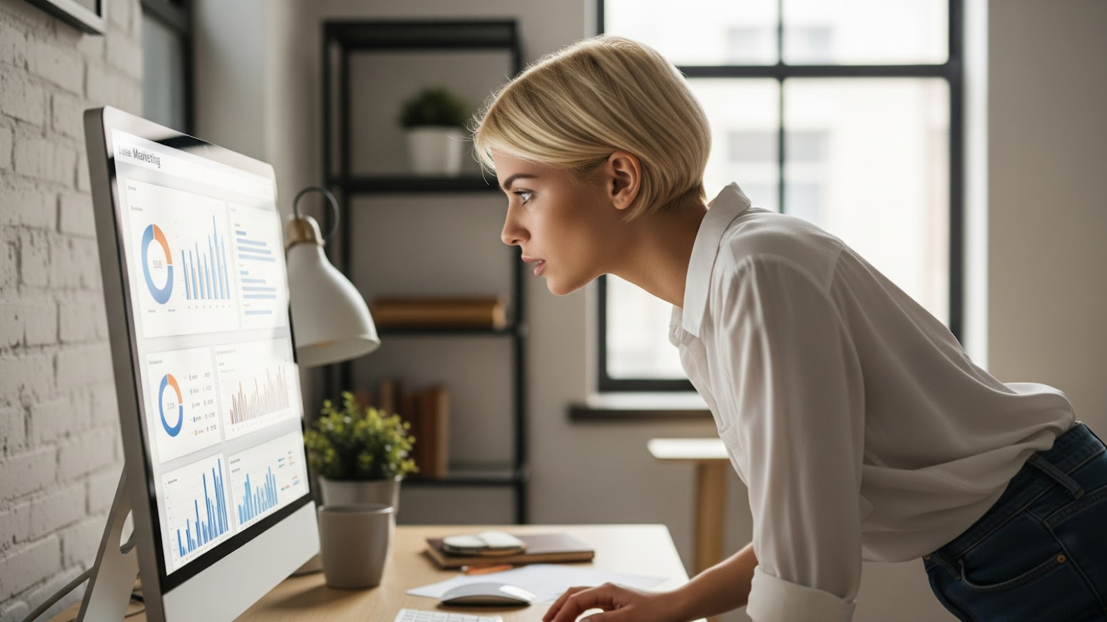 Businesswoman intently studying marketing dashboards with bar charts and traffic data, analyzing local SEO performance on a desktop monitor.