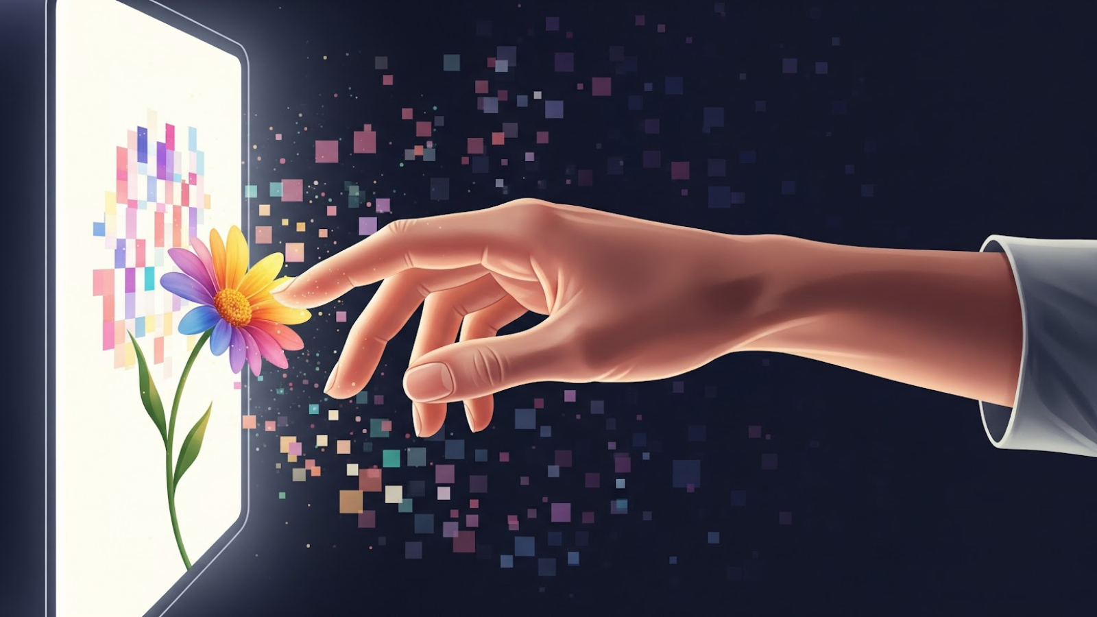 A hand reaching out to touch a digital flower blooming from a screen, symbolizing the balance between human intuition and digital automation in SEO audits.