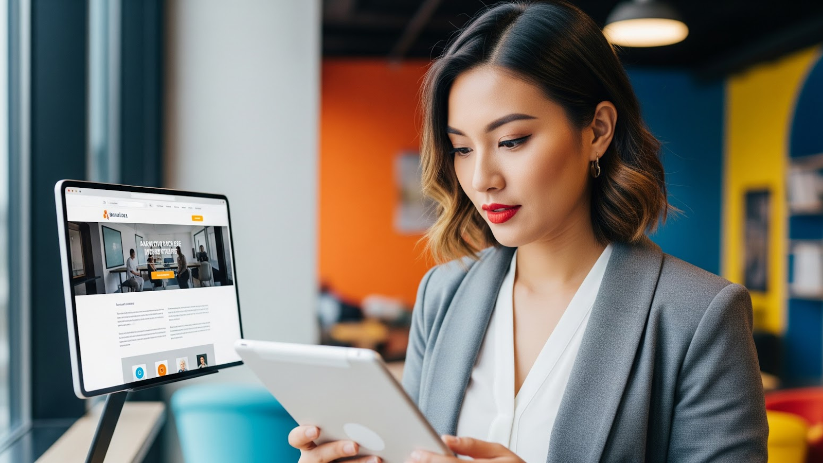 A professional woman analyzing website data on a tablet in a modern office, emphasizing the human insight still required in AI SEO audit interpretation.