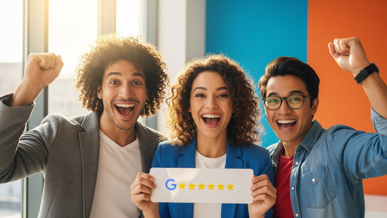 Happy customers holding a five-star Google Review sign, celebrating a positive review experience done right.