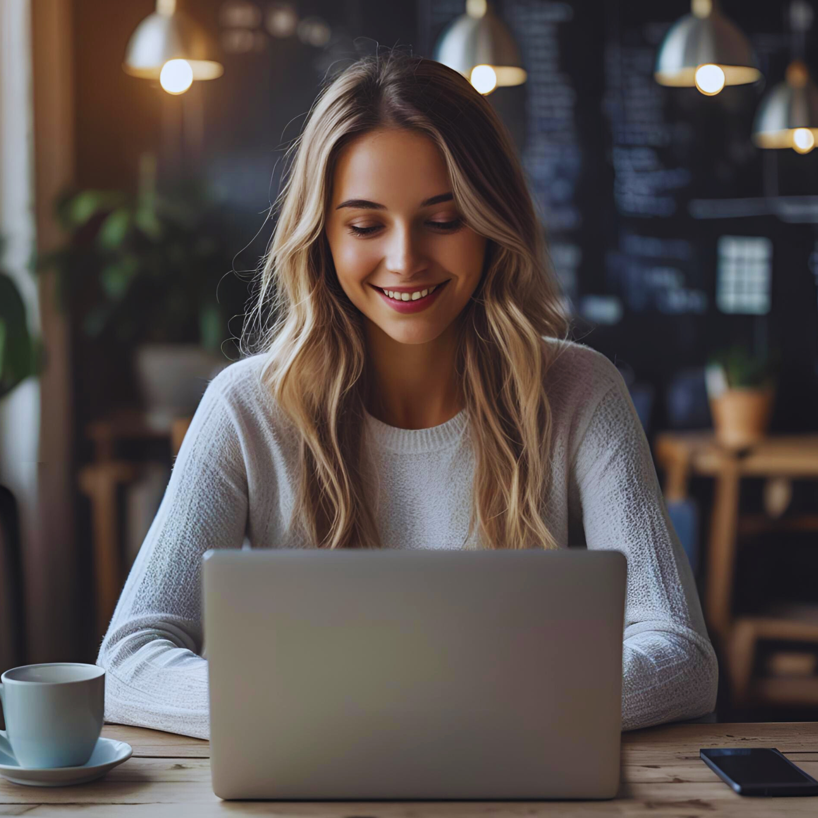 Woman using laptop in cafe working on online reputation management strategies 