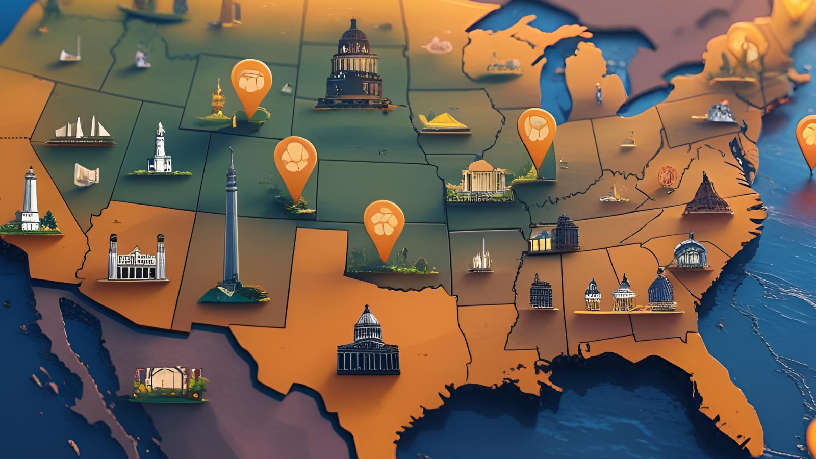 A colorful U.S. map showing regional landmarks and local SEO location markers