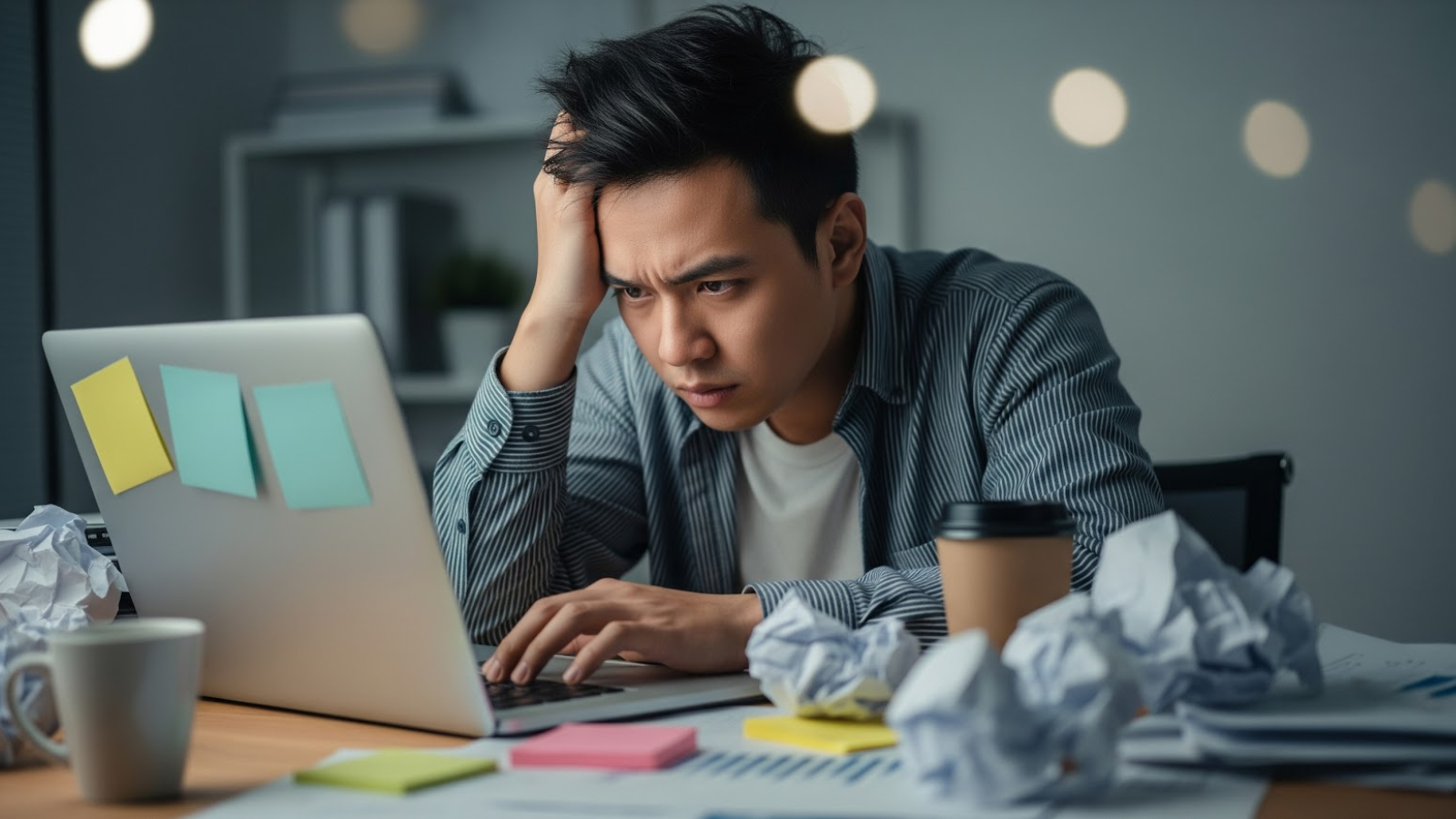 Stressed professional reviewing email drafts, identifying common subject line mistakes to fix.