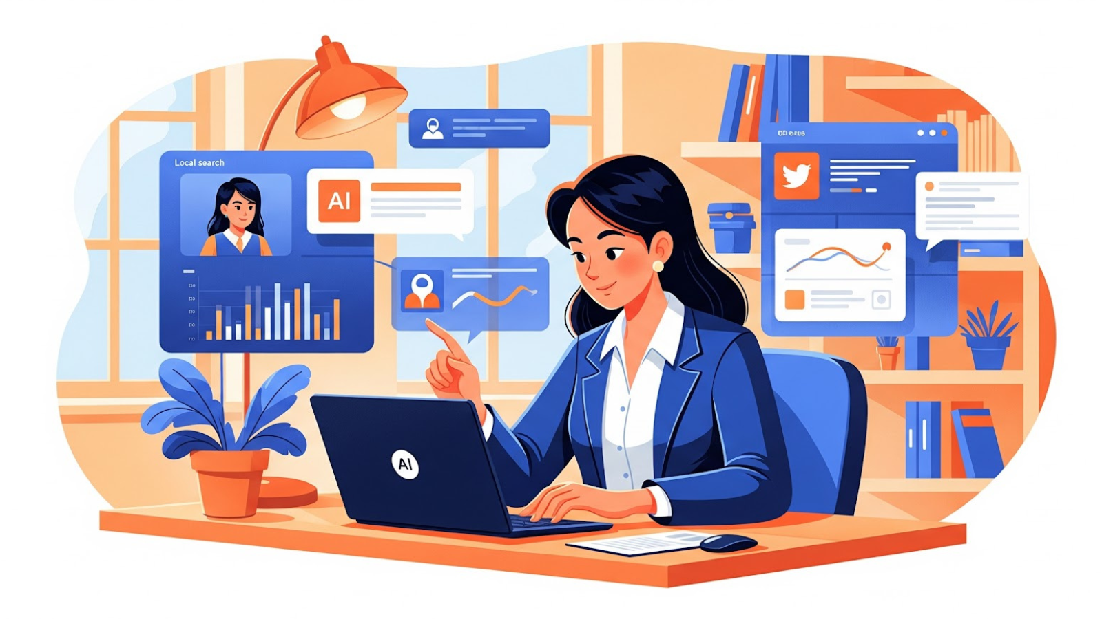 Illustration of a professional using AI tools for local search and SEO optimization in a modern office setup with analytics dashboards on the screen. 