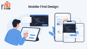 Illustration showing mobile-first web design with coding interface and multiple device screens for enhanced user experience.