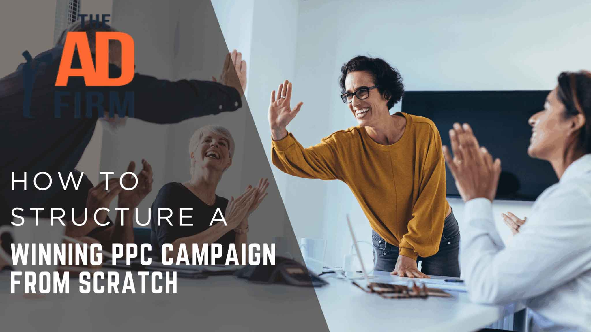 Group of professionals in a meeting celebrating positive campaign results