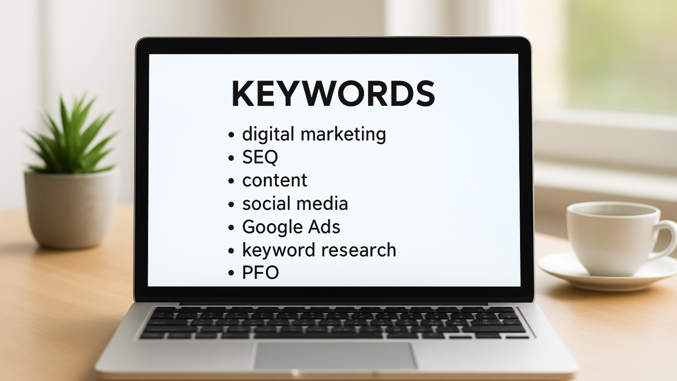 Laptop screen showing a list of keywords for digital marketing campaigns