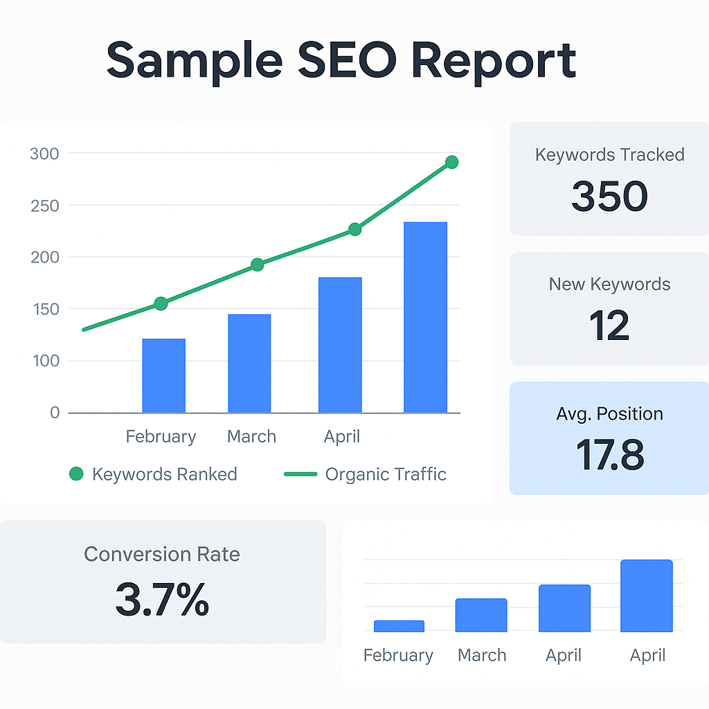 A chart showing keyword rankings, traffic data, and trend lines from a sample SEO report