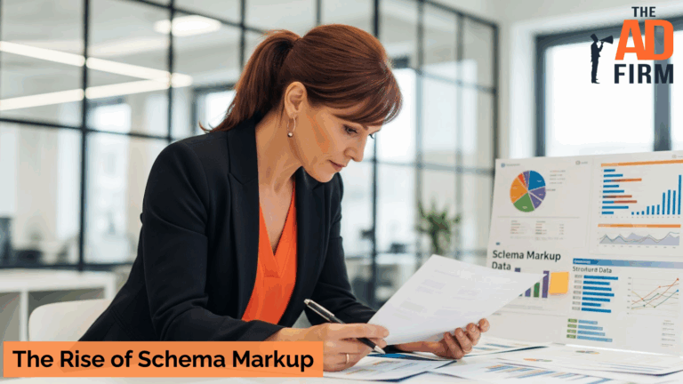 A marketing professional reviewing schema markup data and analytics in a modern office, with charts and graphs displayed on a presentation board.