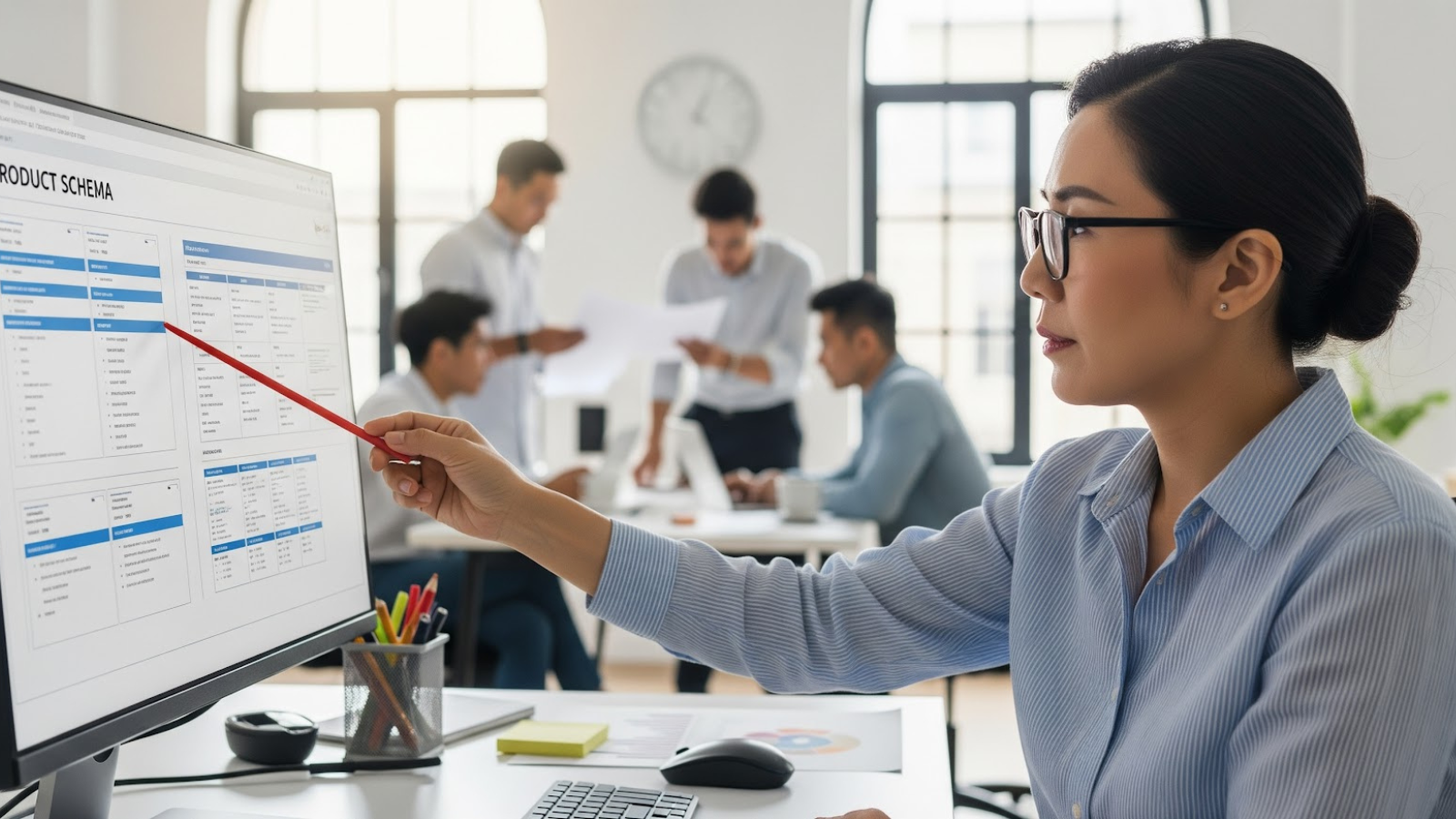 A digital strategist pointing at a large monitor showing a detailed product schema layout, while a team collaborates in the background. 1.36 MB View full-size Download 