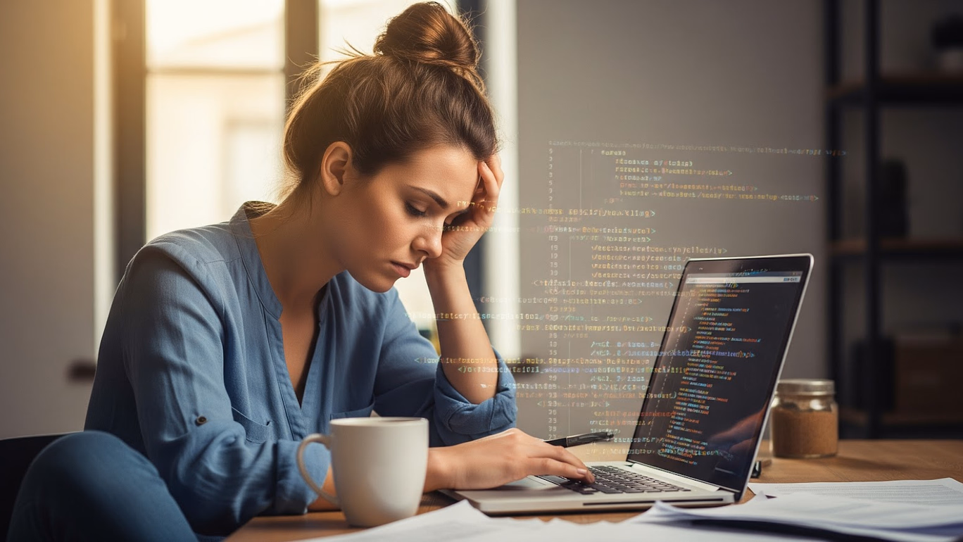 A frustrated web developer examining code on a laptop, surrounded by documents and coffee, with lines of schema code overlayed on the screen. 