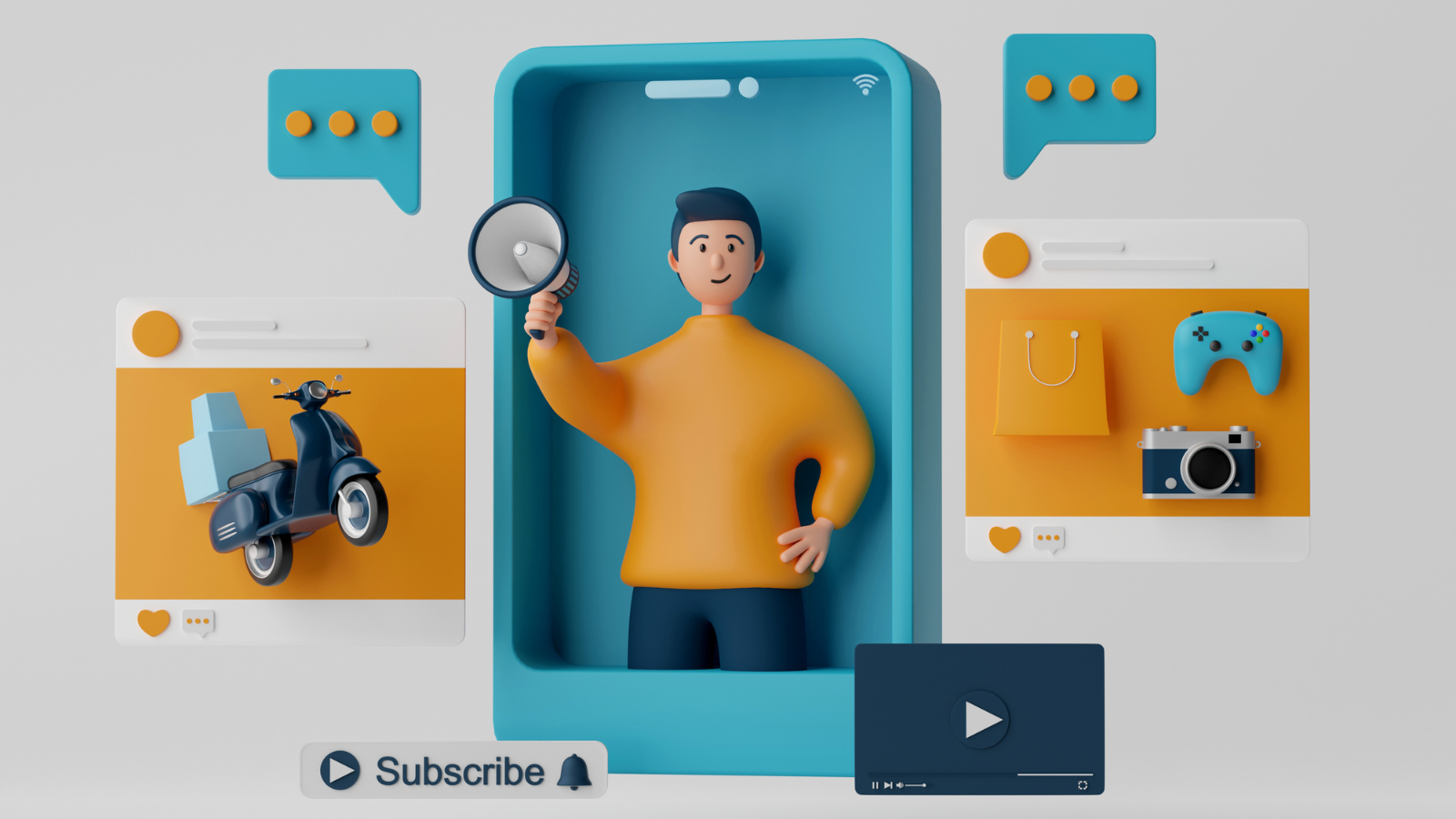 A 3D character holding a megaphone inside a phone