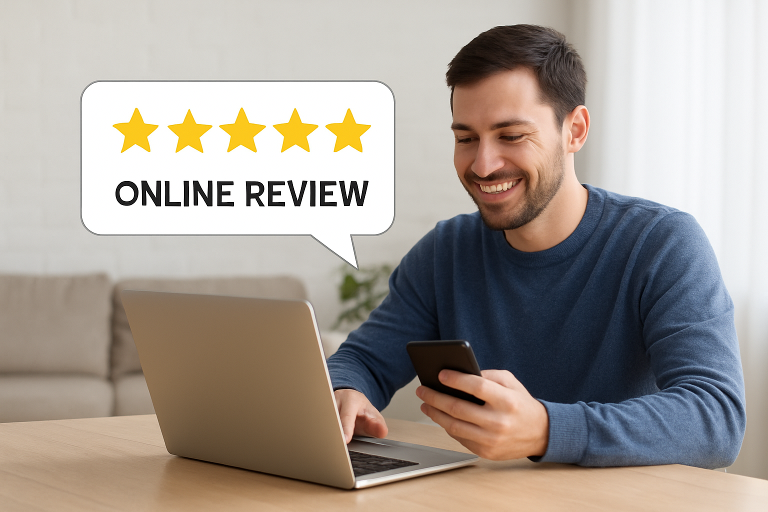 A smiling man uses his laptop and phone to write an online review