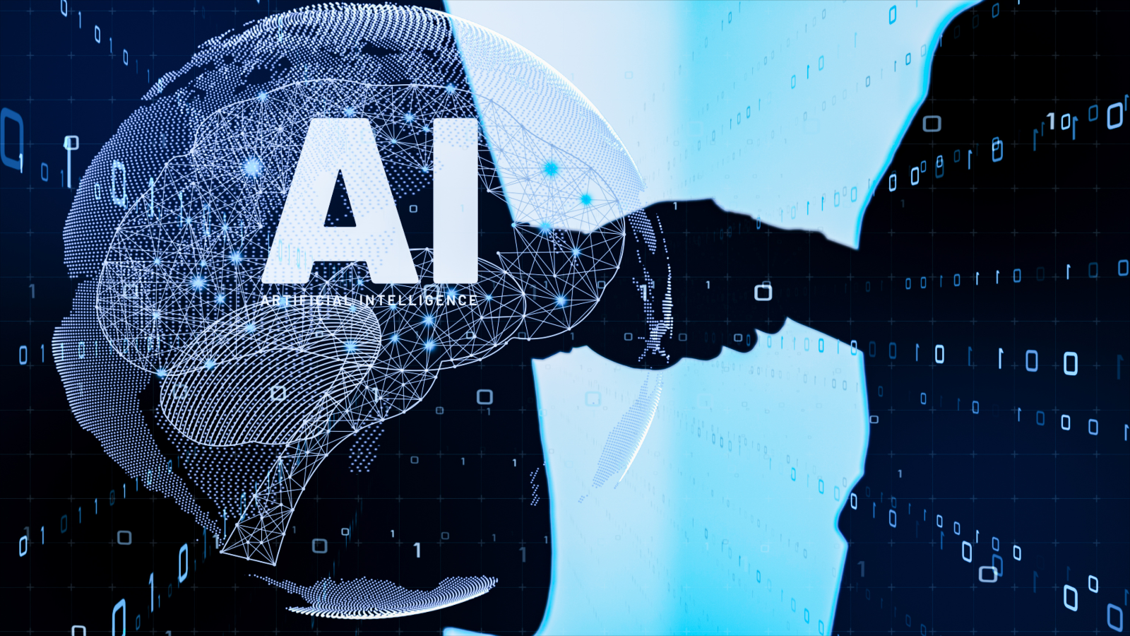 AI and human handshake with digital data background