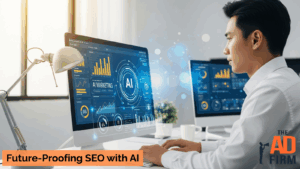 Digital marketer analyzing AI-powered SEO dashboards on dual monitors, highlighting how artificial intelligence supports SEO strategy and algorithm adaptability.