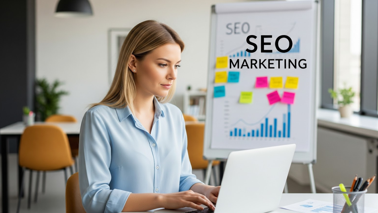 Marketing professional working on a laptop in front of a whiteboard labeled SEO Marketing with charts and sticky notes, representing data-driven SEO planning.
